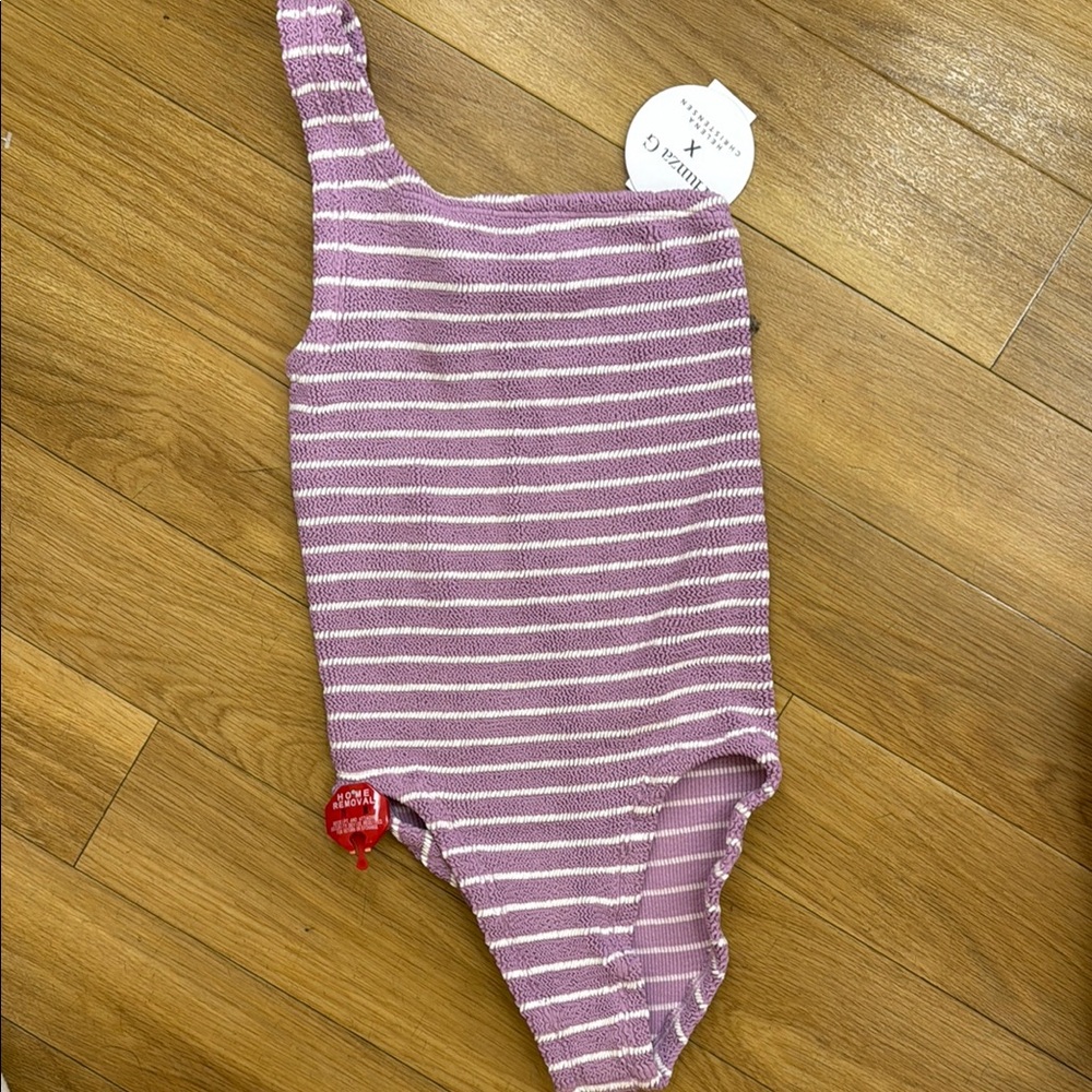 Hunza G Striped Purple and White One-Piece Swimsuit